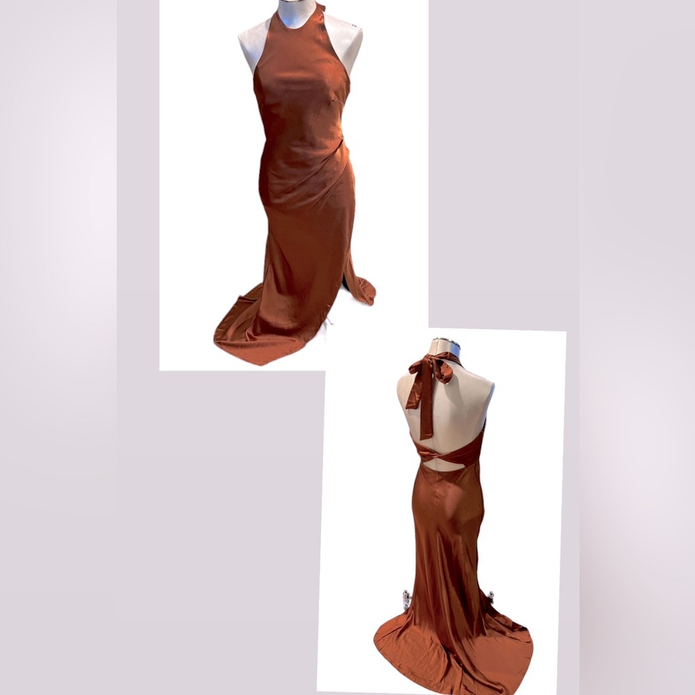 Half Island Women’s Satin Long Dress Low Back Cutout Halter Tie Back Size M